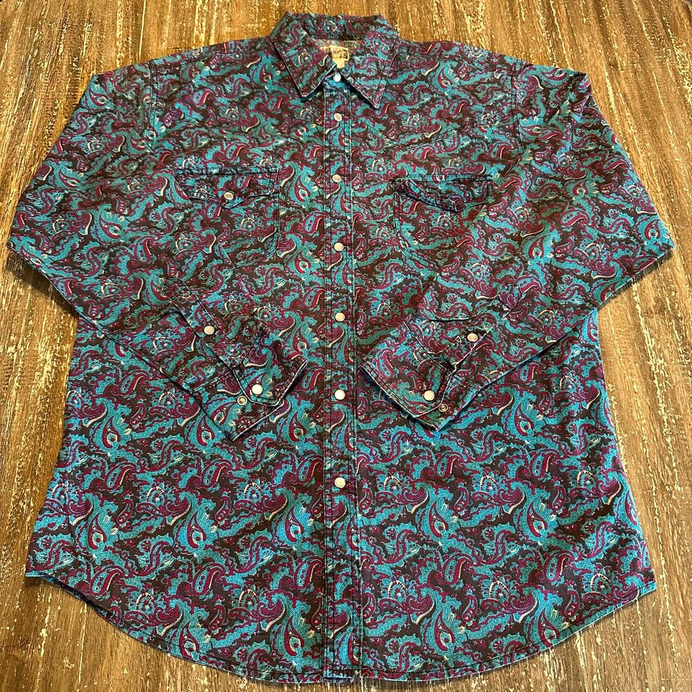 Express Rider Cowboy Western Pearl Snap Paisley Turquoise Shirt Men’s Size L